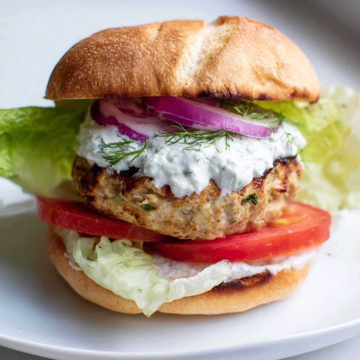 Succulent ground chicken burgers grilled to perfection featuring crumbled feta cheese refreshing cucumber tzatziki and red onion slices