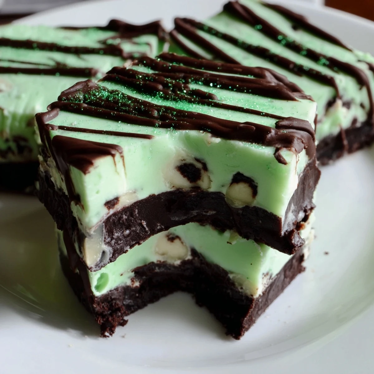 Creamy green Irish Mint Cheesecake Fudge Squares topped with melted dark chocolate and festive green sprinkles