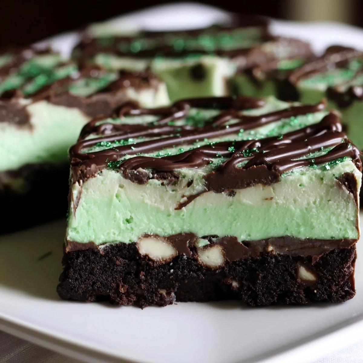 Rich St. Patricks Irish Mint Cheesecake Fudge Squares with dark chocolate drizzle on chocolate cookie crust