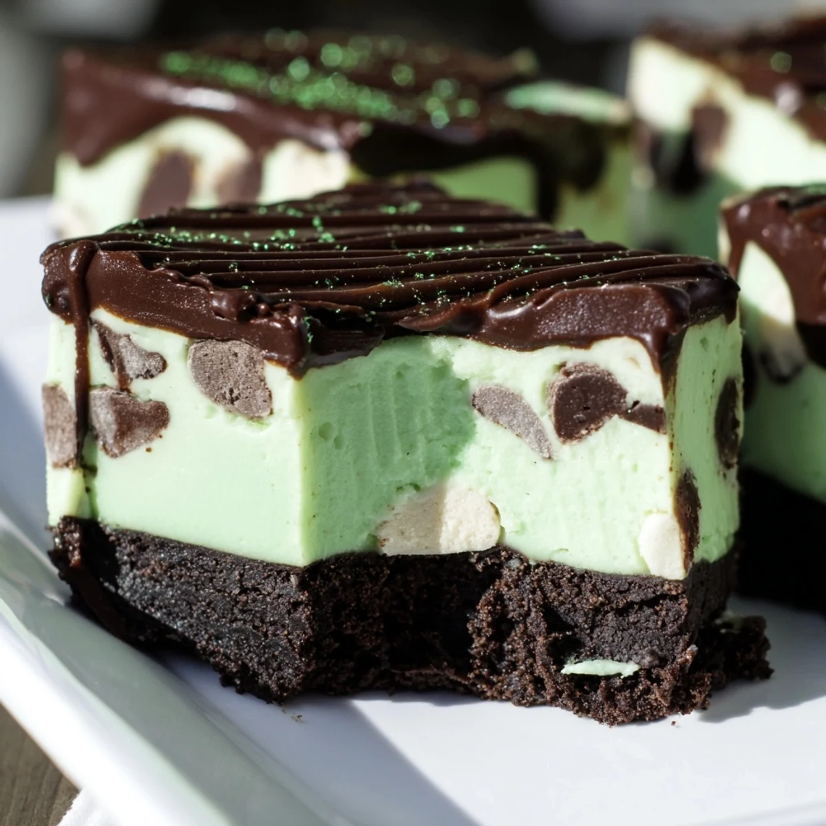 Decadent cheesecake fudge bars featuring cool mint and Irish cream flavors on a chocolate crust base