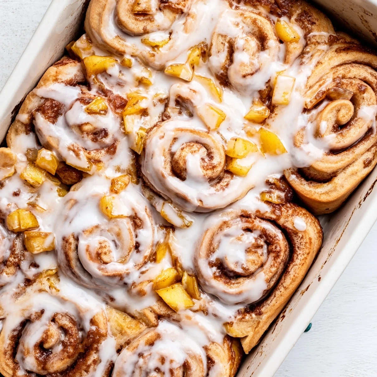 Freshly baked peach pie cinnamon rolls with juicy peach filling and vanilla glaze