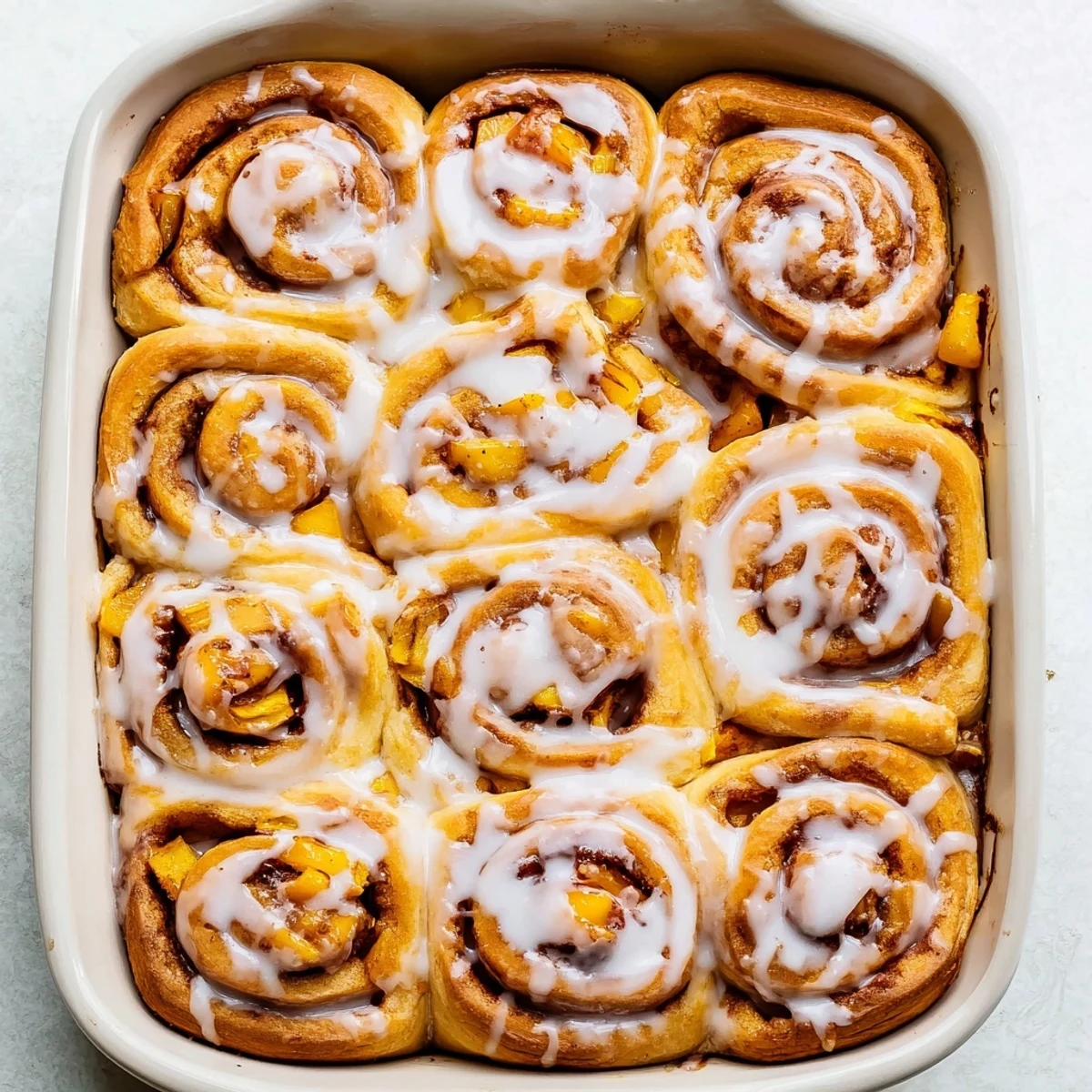 Soft peach pie cinnamon rolls topped with sweet peaches and creamy vanilla glaze