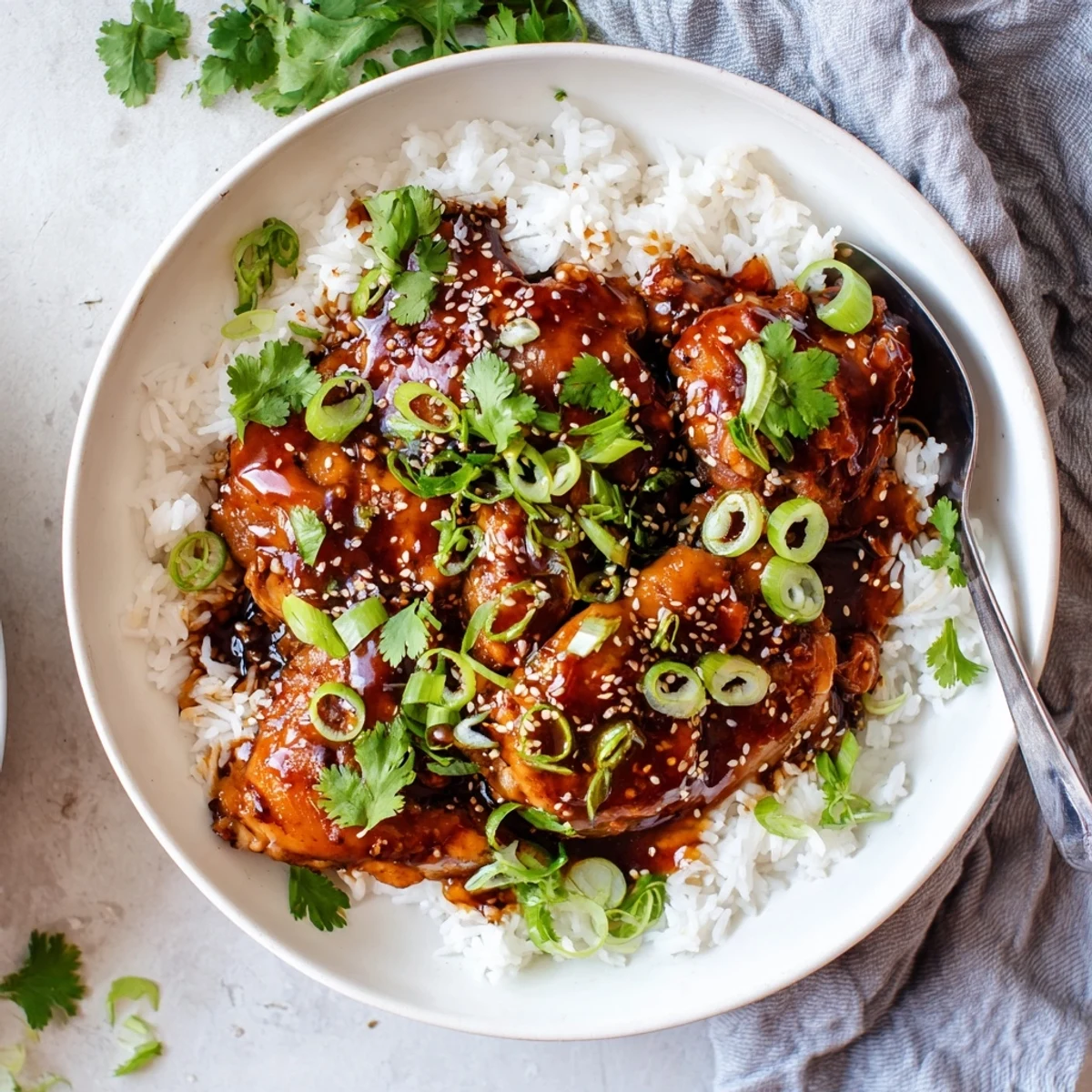 Golden brown caramelized soy chicken thighs glazed in sweet sauce over fluffy white rice