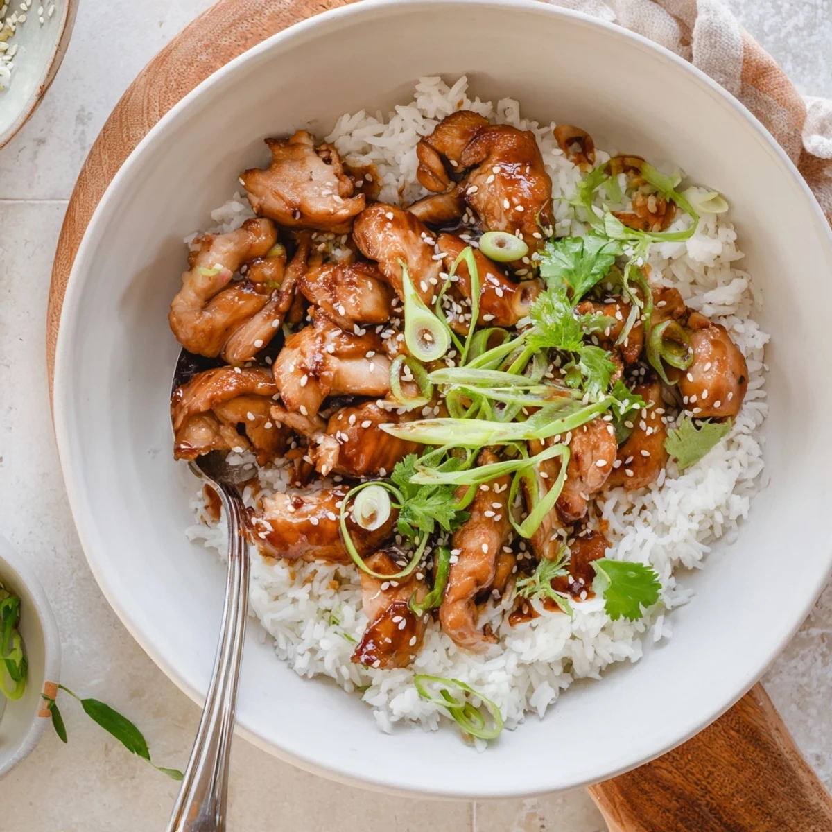 Savory Asian fusion chicken simmered in aromatic broth alongside a bed of fluffy jasmine rice