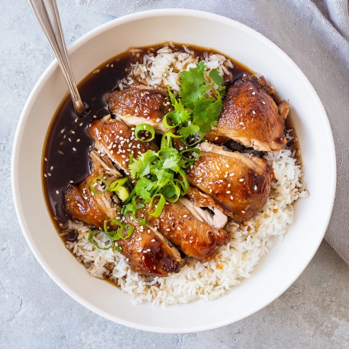 Bowl of tender garlic ginger broth chicken served with steamed rice and sesame seed garnish