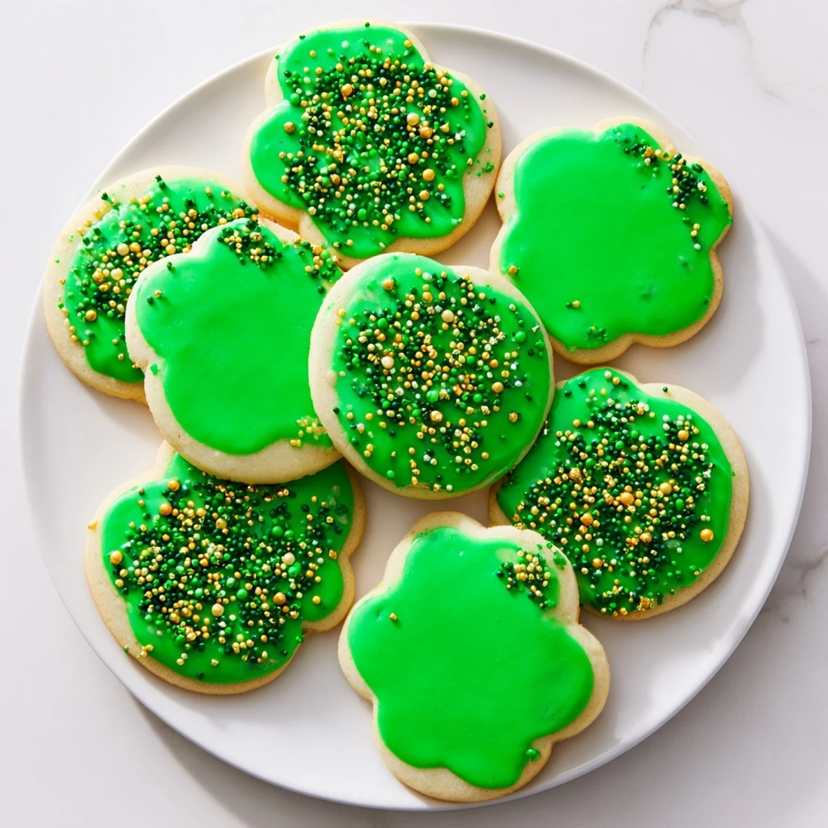 Festive St. Patricks Day sugar cookies topped with vibrant green icing and gold sprinkles on a white plate.
