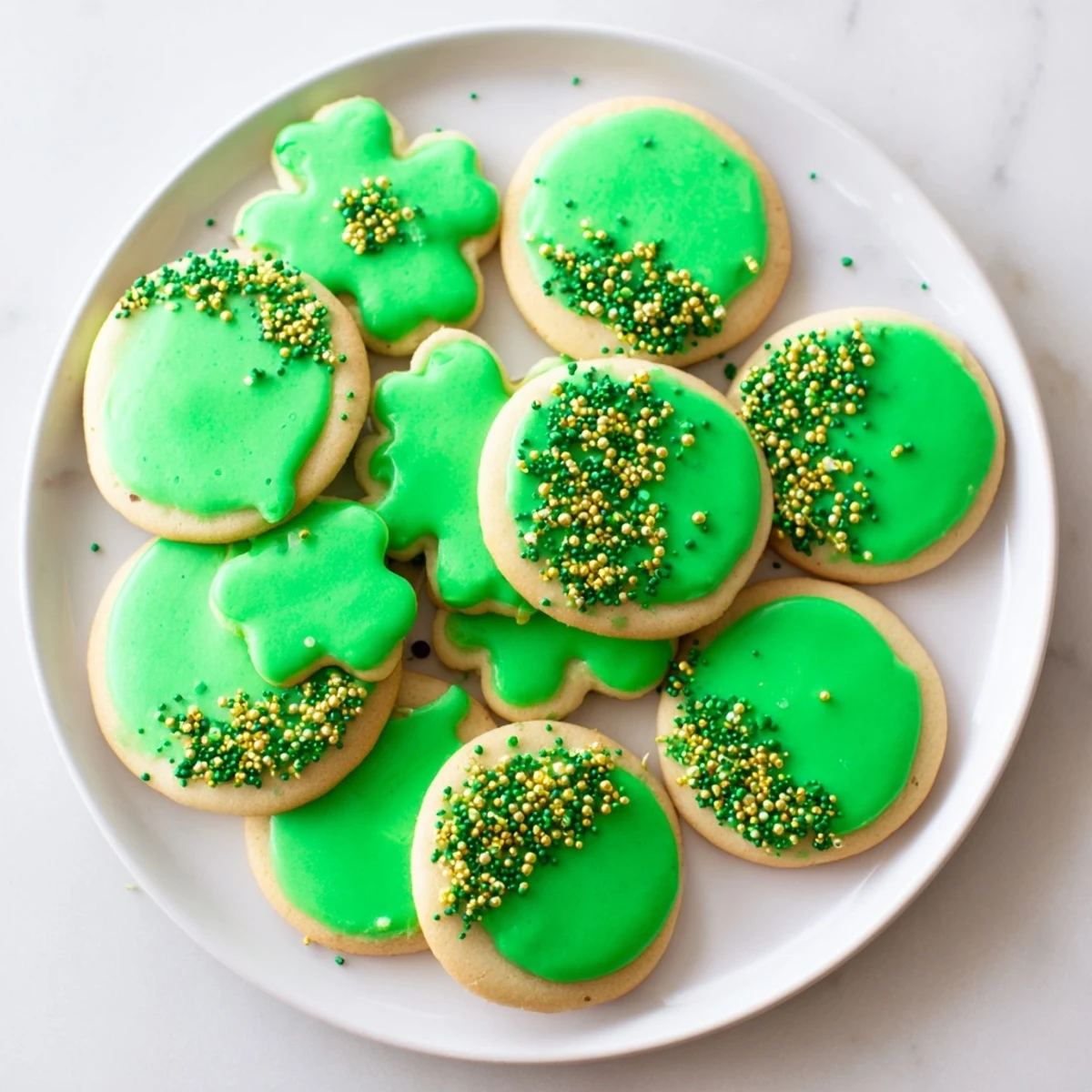 Soft baked sugar cookies decorated with shamrock shapes and creamy green frosting for St. Patricks Day celebrations.