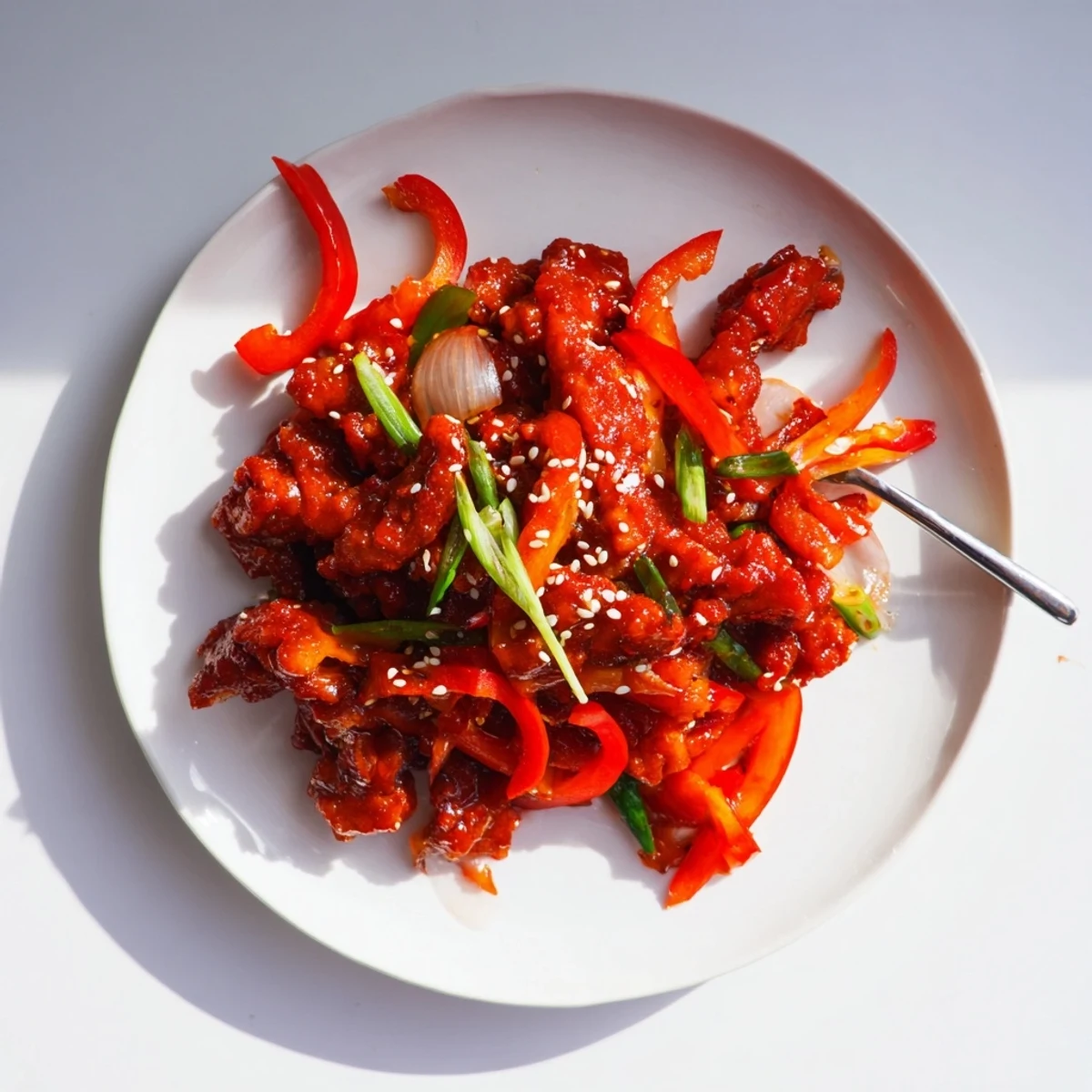 Golden crispy chilli beef strips tossed in spicy tangy red sauce with colorful bell peppers and fresh sesame seed garnish