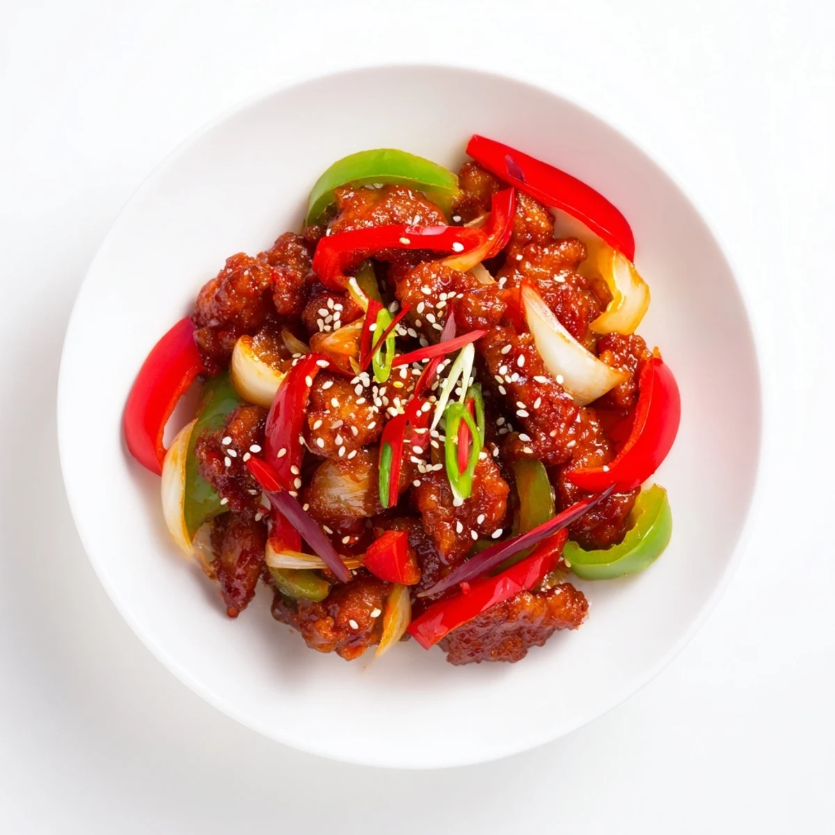 Plate of Chinese style crispy chilli beef with vibrant red and green peppers spring onions and glistening sticky sauce