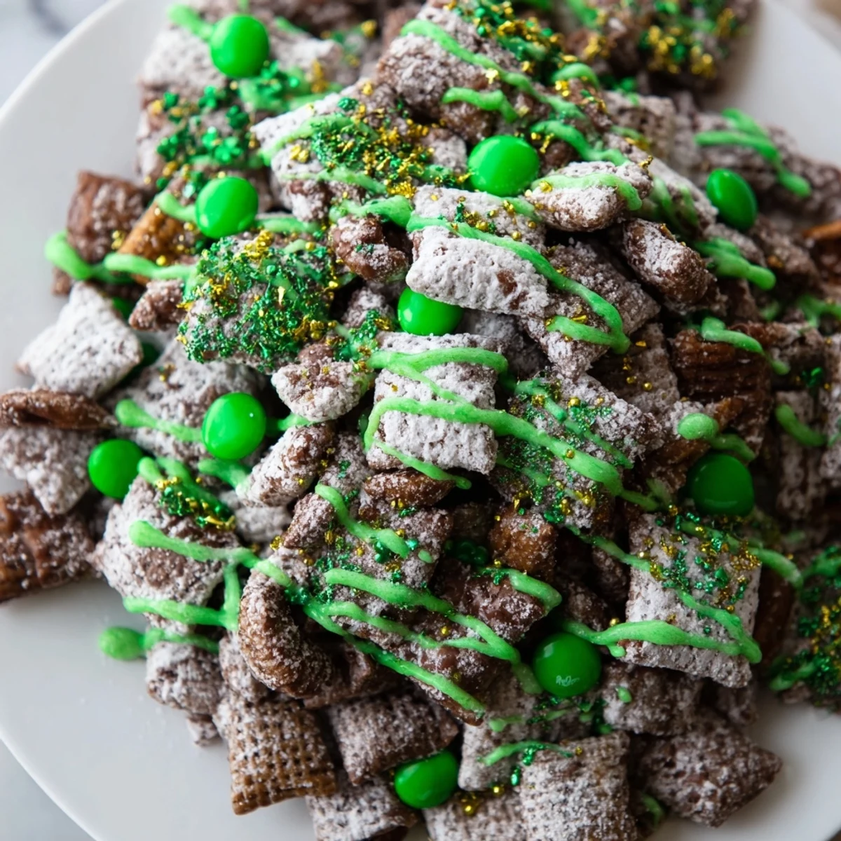 Festive St. Patricks Day Puppy Chow with green drizzles and gold sprinkles on white plate