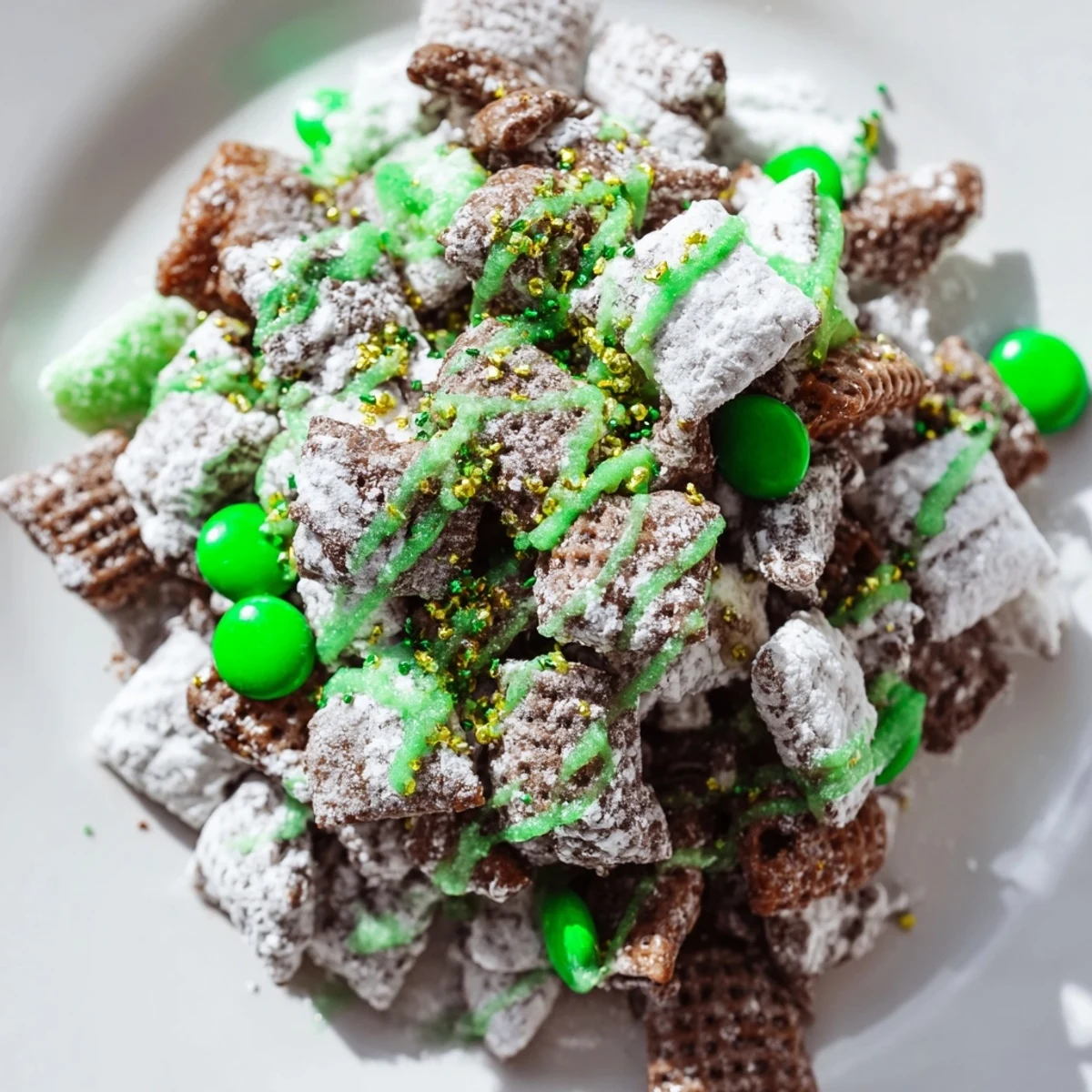 Chocolate-covered St. Patricks Day Puppy Chow in glass bowl with green candies and powdered sugar