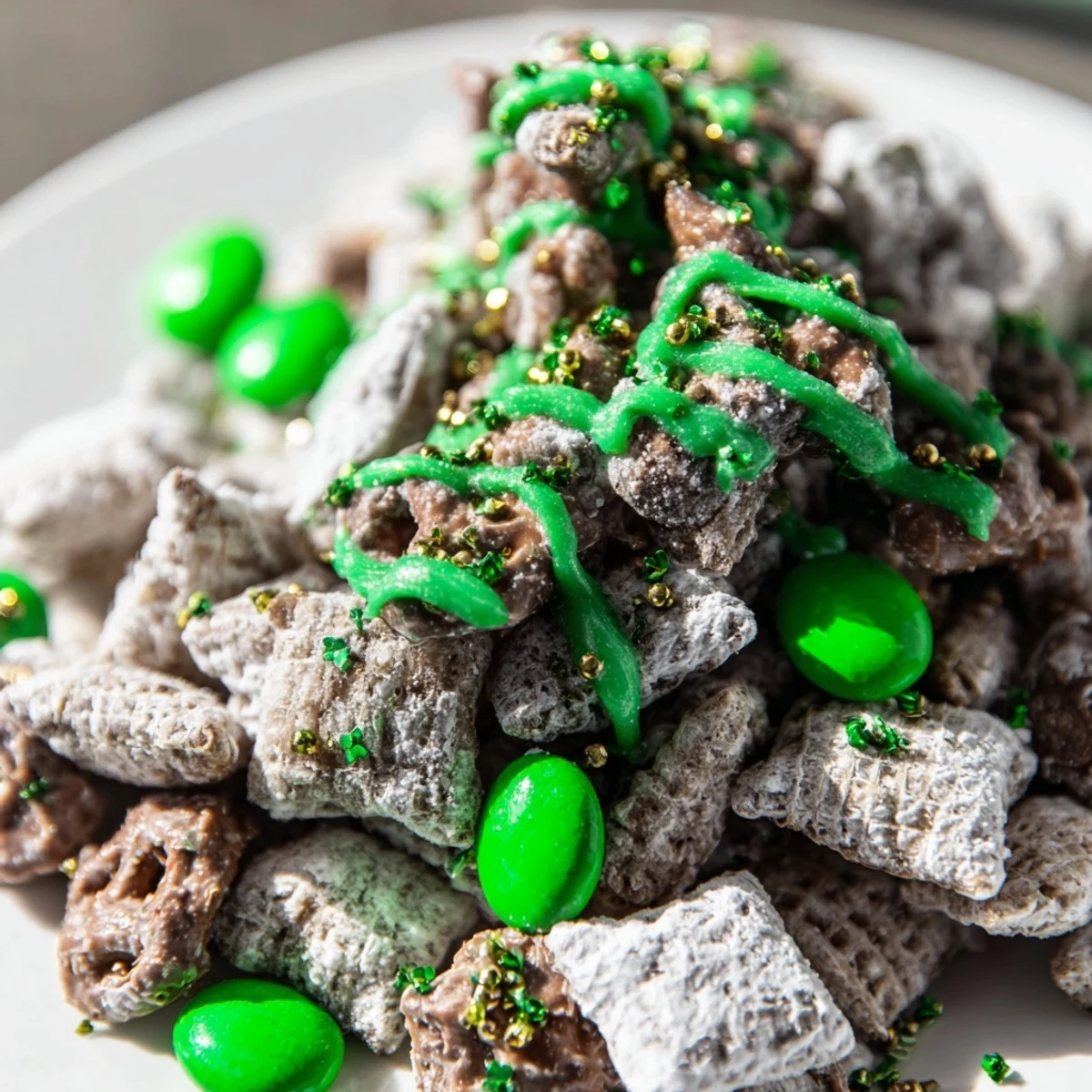 Close up of St. Patricks Day Puppy Chow showing green candy melts and colorful sprinkles