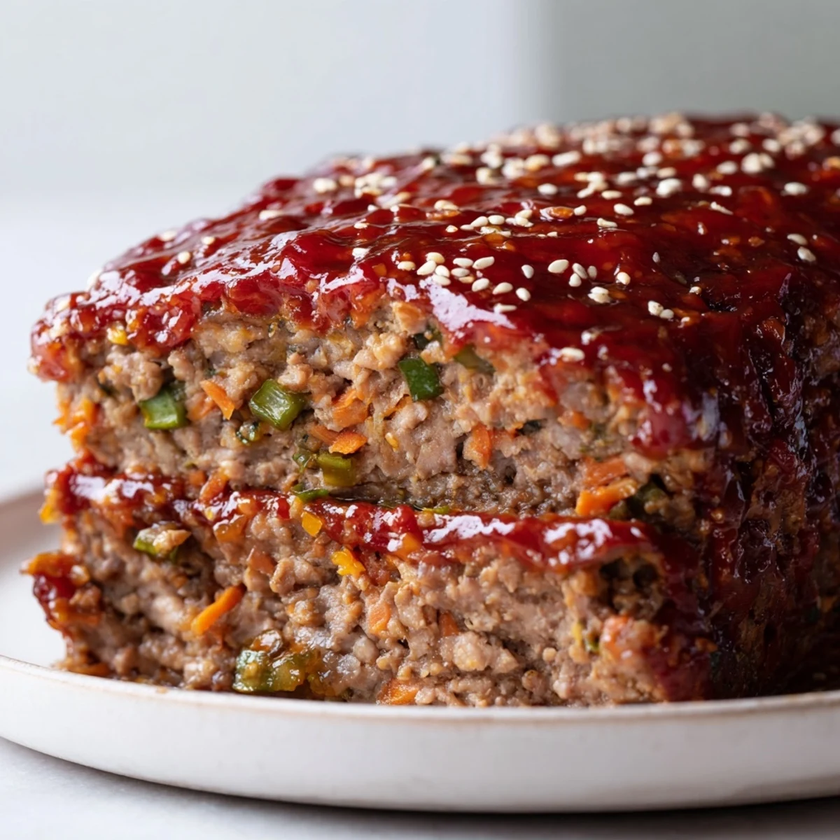 Whole glazed Korean meatloaf with gochujang brushed topping fresh from the oven