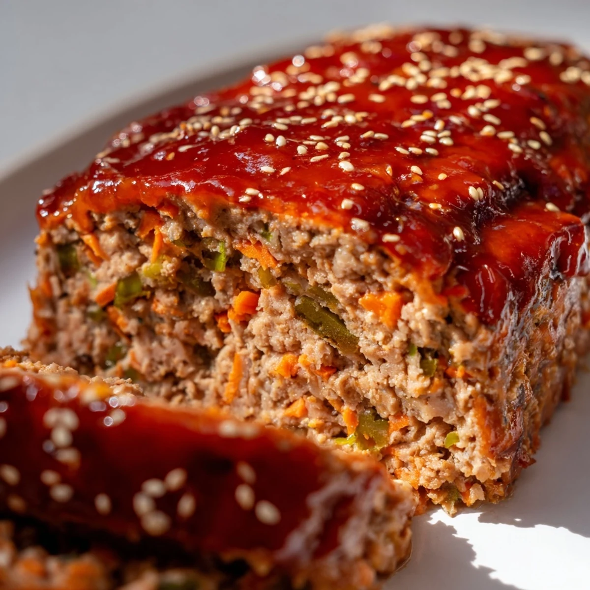Korean meatloaf with gochujang glaze served with steamed rice and kimchi side dish