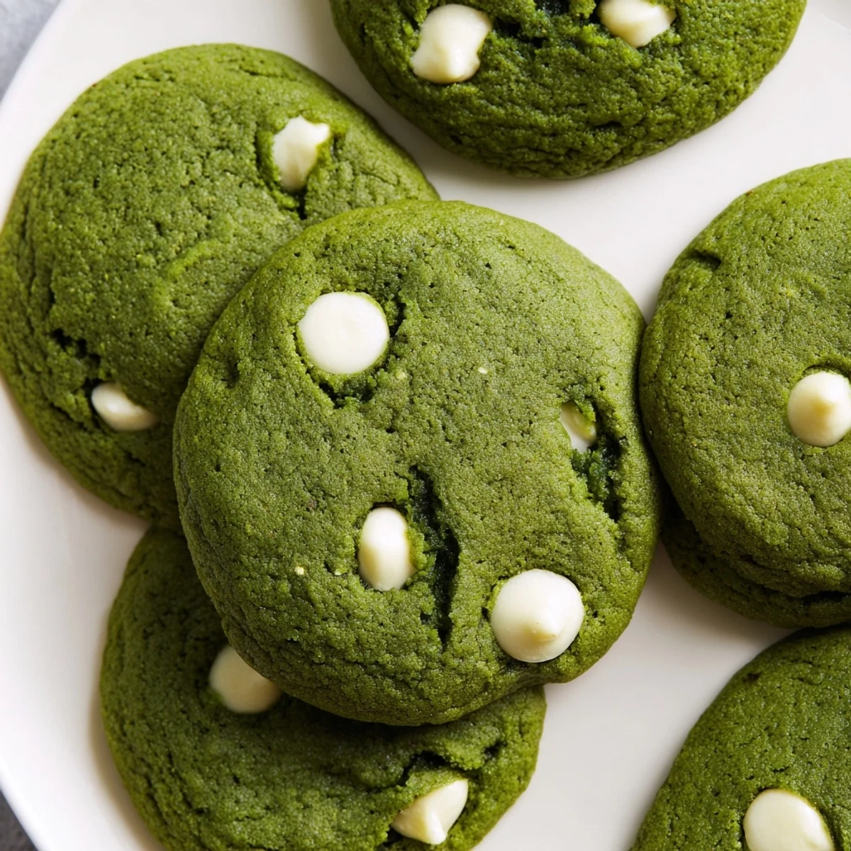 Soft green velvet cookies studded with white chocolate chips on a wooden board