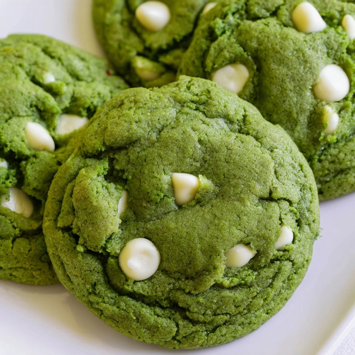 Chewy green velvet cookies with melted white chocolate pieces cooling on wire rack