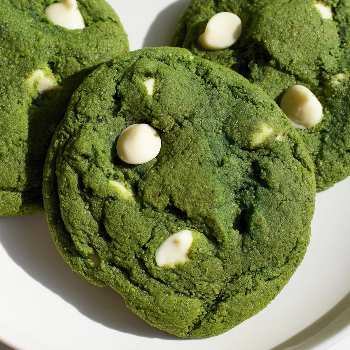 Vibrant green velvet cookies with golden edges and creamy white chocolate chips