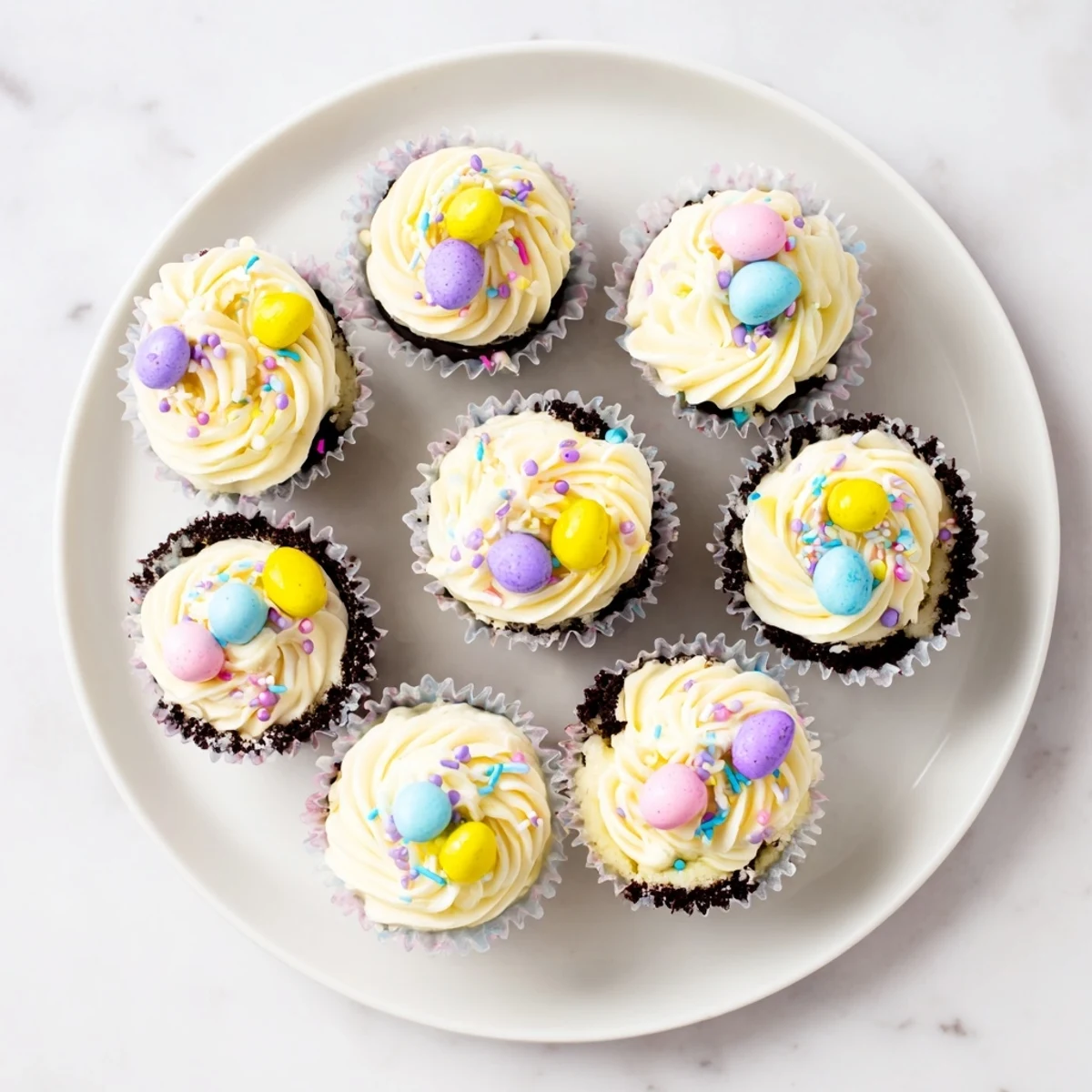 Easter Cadbury Mini Cheesecakes with colorful chocolate eggs atop whipped cream and chocolate cookie crust