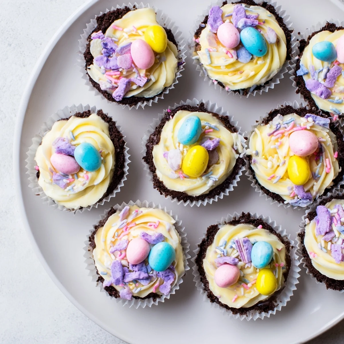 Creamy Easter Cadbury Mini Cheesecakes featuring pastel mini eggs on a rich chocolate crumb base
