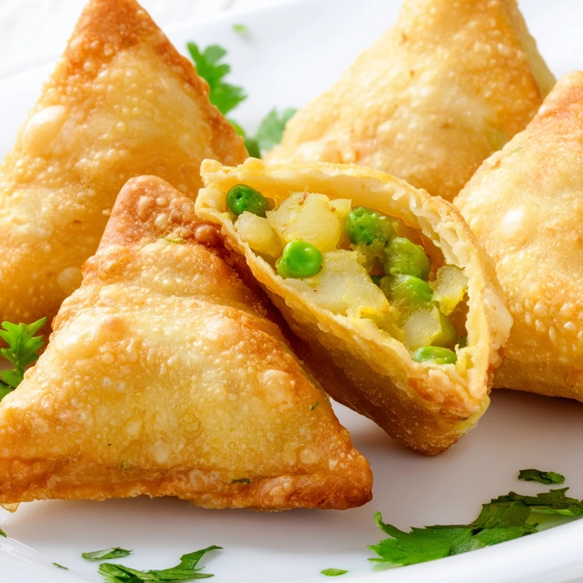 Golden crispy vegetable samosas filled with spiced potato pea mixture on white plate
