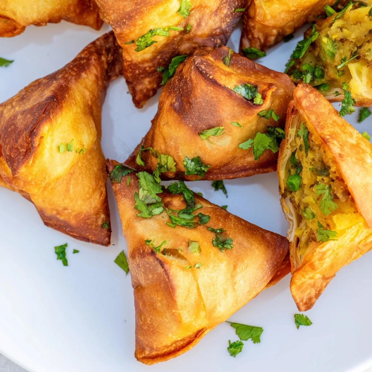 Triangle shaped vegetable samosas with golden fried pastry and aromatic potato filling