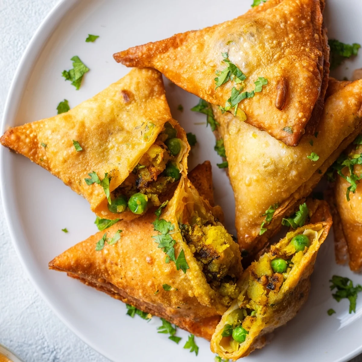Homemade vegetable samosas featuring crispy shell stuffed with curried potatoes and green peas