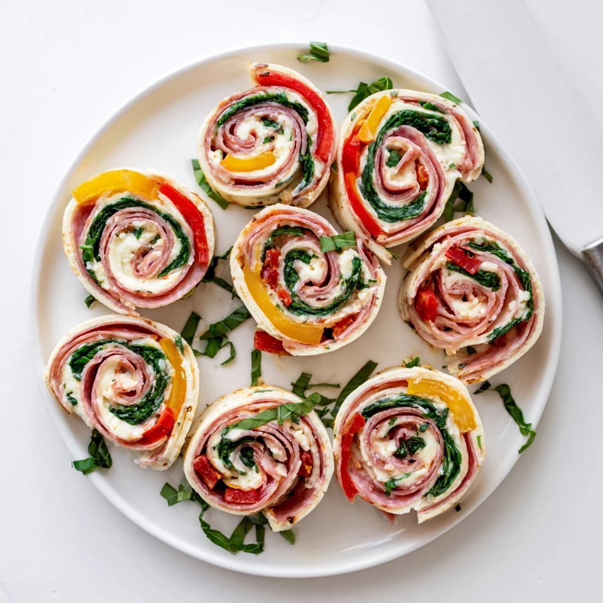 Colorful spiral pinwheels showcasing layers of Italian meats, provolone cheese, and roasted red peppers