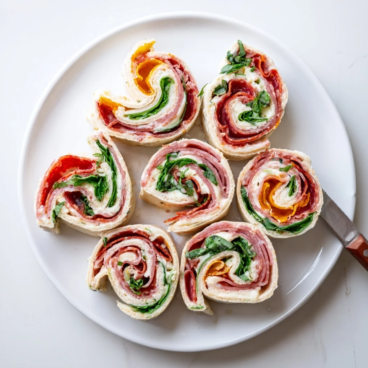 Close-up of sliced Italian pinwheels revealing cream cheese spread and colorful deli meat layers