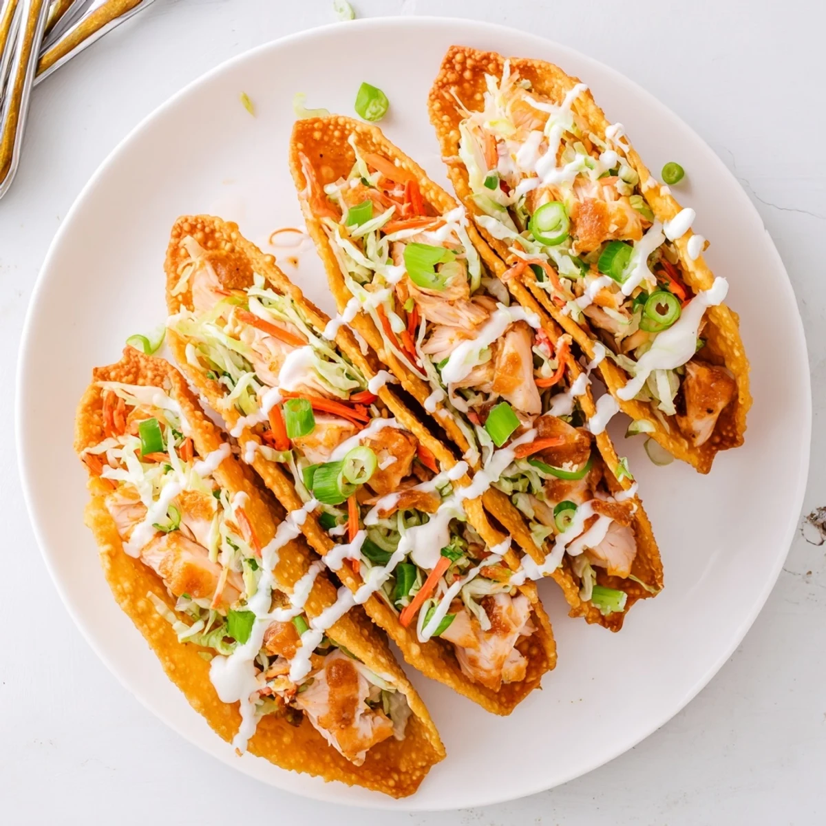 Crispy baked wonton shell tacos topped with marinated chicken and zesty cream sauce