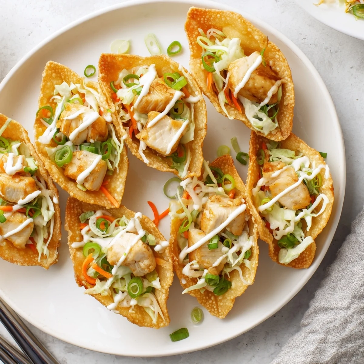 Golden crispy chicken wonton tacos filled with savory chicken and colorful Asian slaw