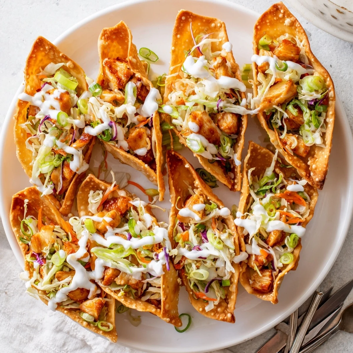 Asian fusion chicken tacos in golden fried wonton wrappers with fresh vegetable slaw