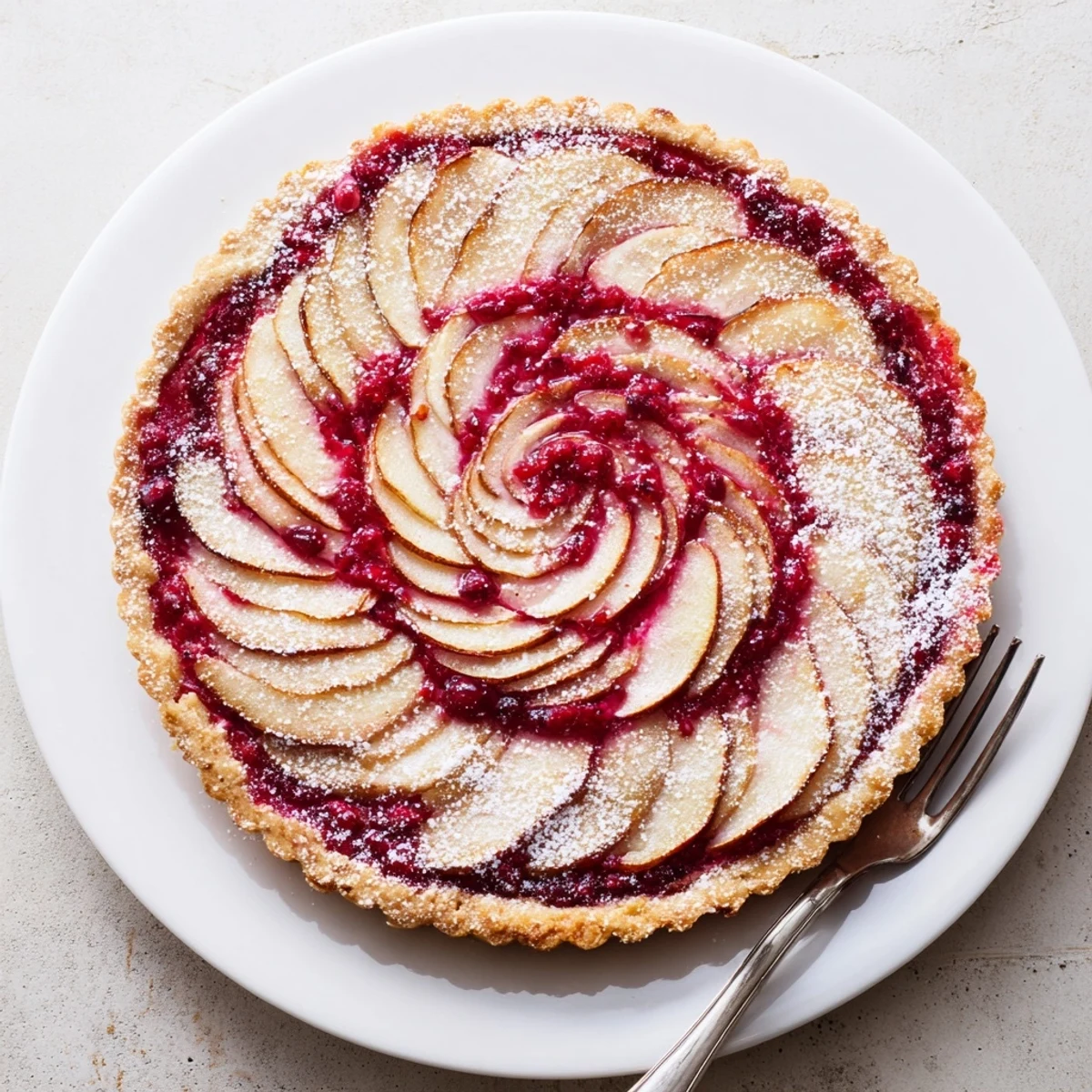 Golden cranberry tart with pears arranged in a buttery crust, topped with coarse sugar