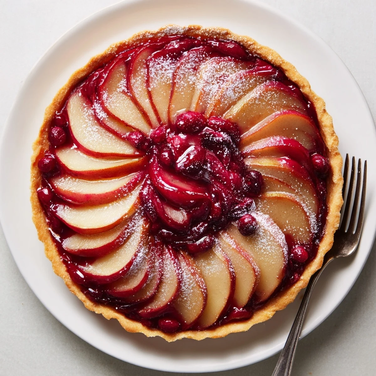 Sliced pears and tart cranberries baked in a flaky pastry until bubbly and golden