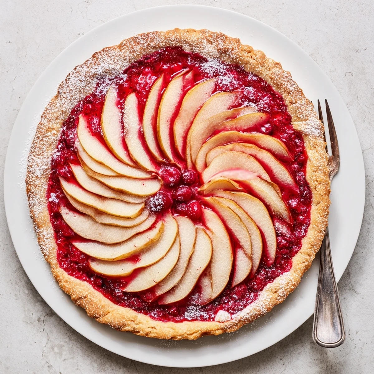 Rustic cranberry tart with pears dusted with powdered sugar on a serving platter