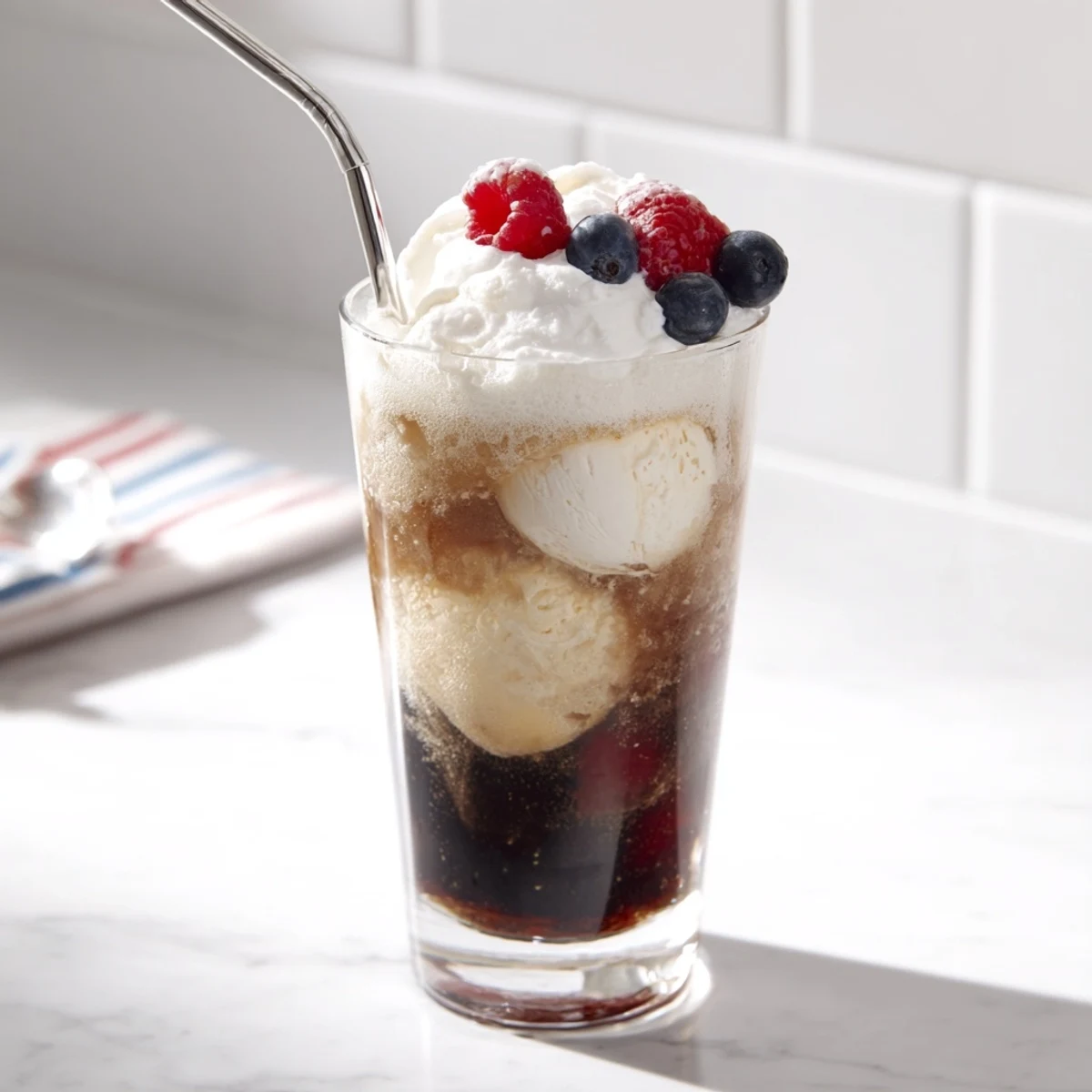 Healthy ice cream floats with Rebel vanilla scoops floating in chilled diet cola with whipped cream
