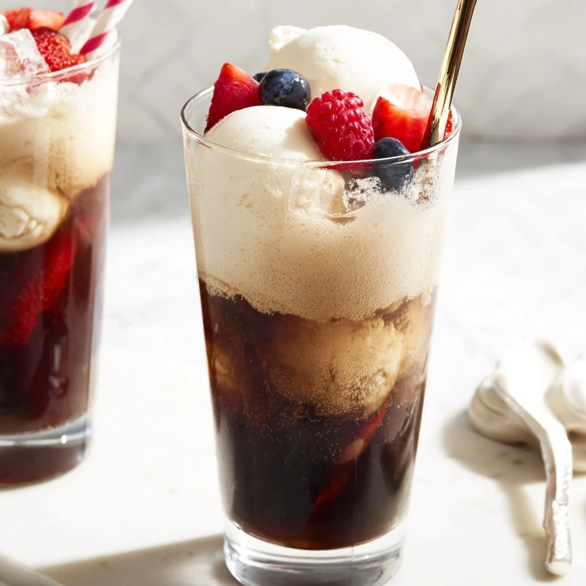 Guilt-free Rebel floats featuring creamy vanilla ice cream topped with fizzy sugar-free root beer foam