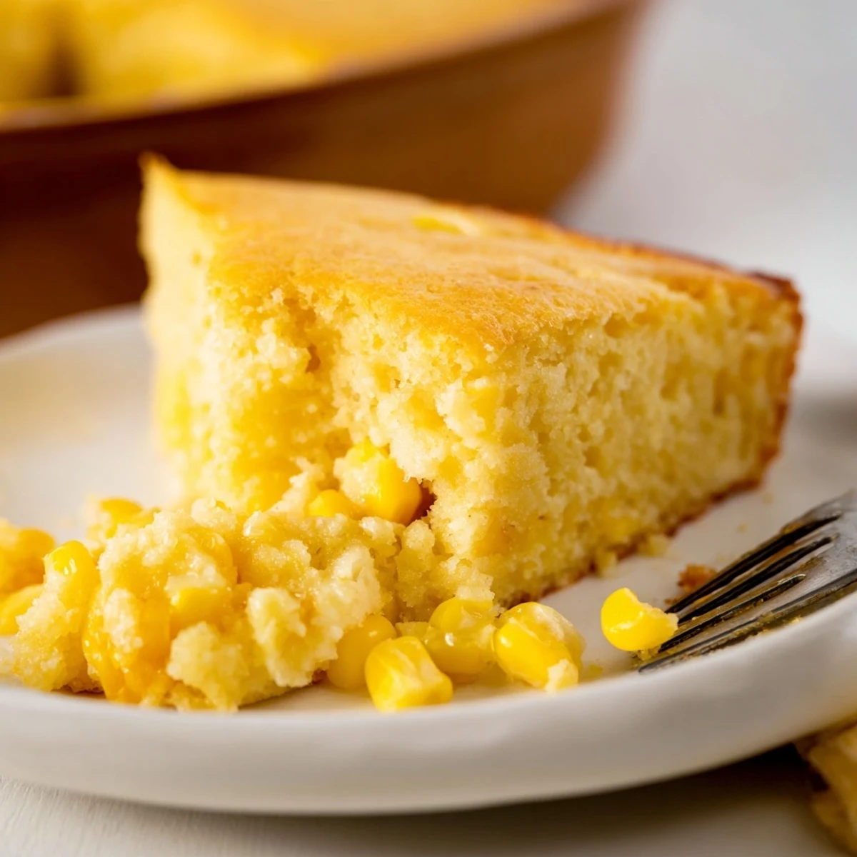 Golden brown classic Jiffy corn casserole with a creamy, buttery texture perfect for holiday dinners