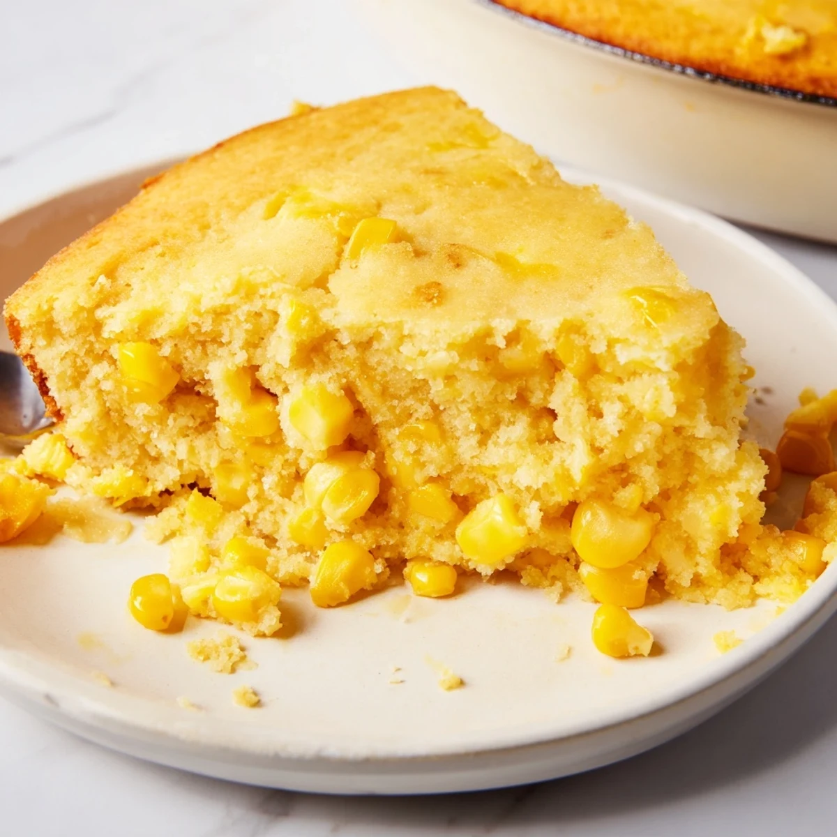 Spoonful of warm classic Jiffy corn casserole showing sweet corn kernels in a fluffy baked cornbread