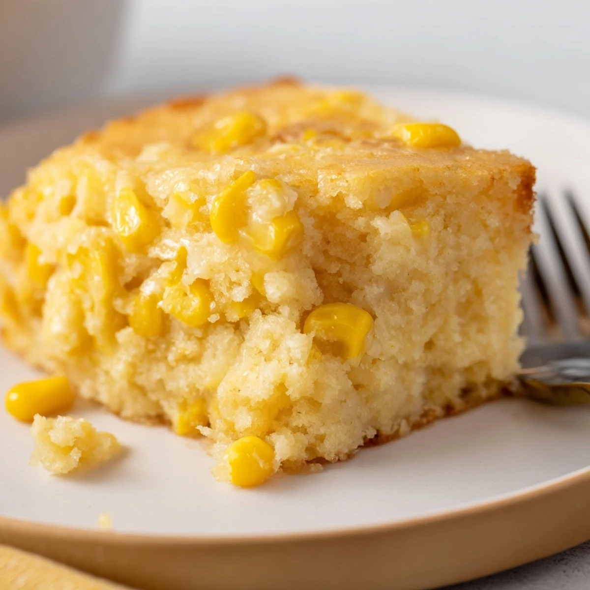 Classic Jiffy corn casserole served in a white baking dish with golden crispy edges and soft center
