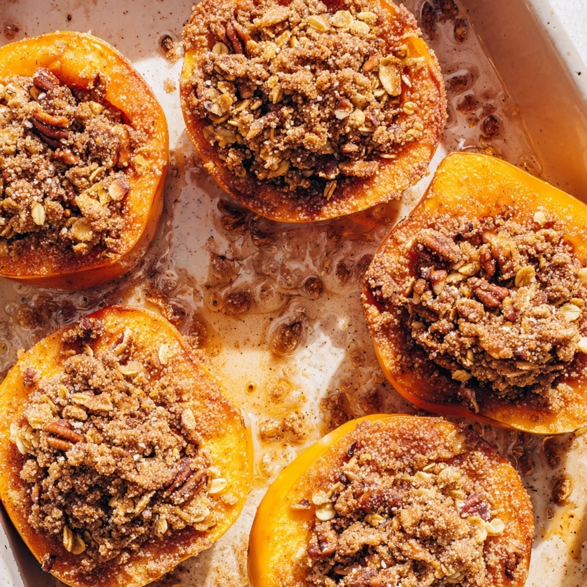 Warm autumn dessert featuring tender persimmons with crunchy brown sugar oat topping