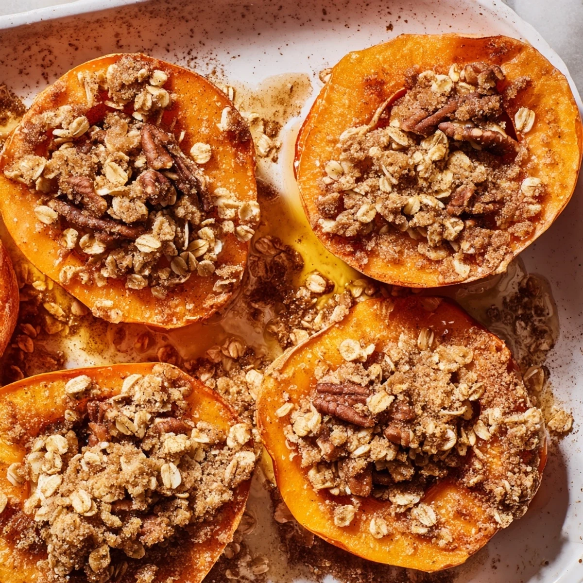 Baked persimmon dessert with caramelized fruit and golden crispy oat crumble topping