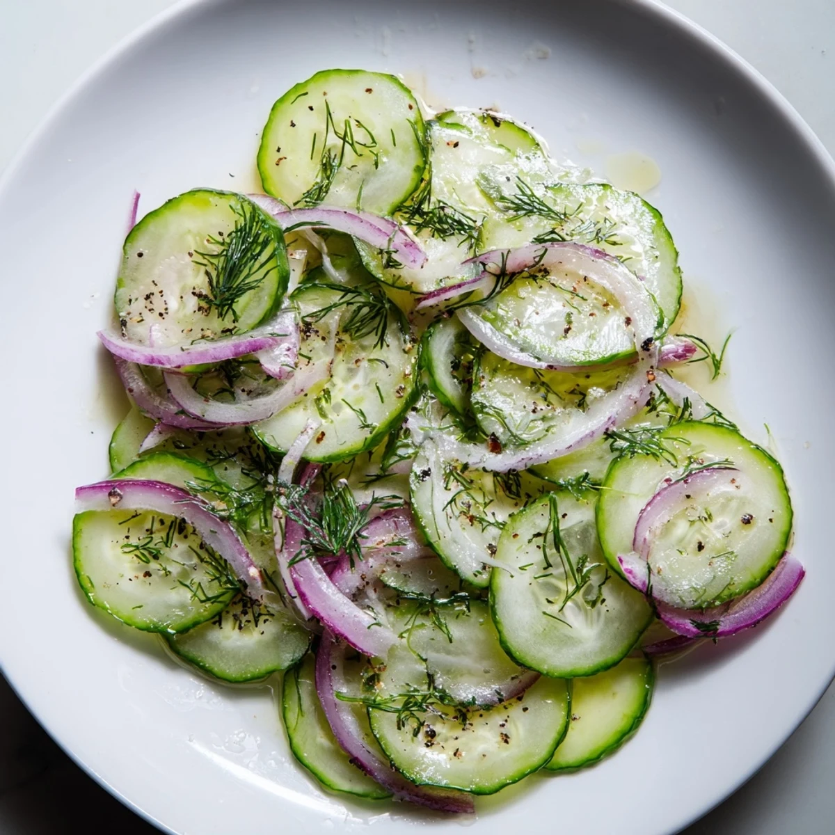 Fresh Easy Refreshing Cucumber Salad with sliced cucumbers, red onion, and dill in tangy vinegar dressing