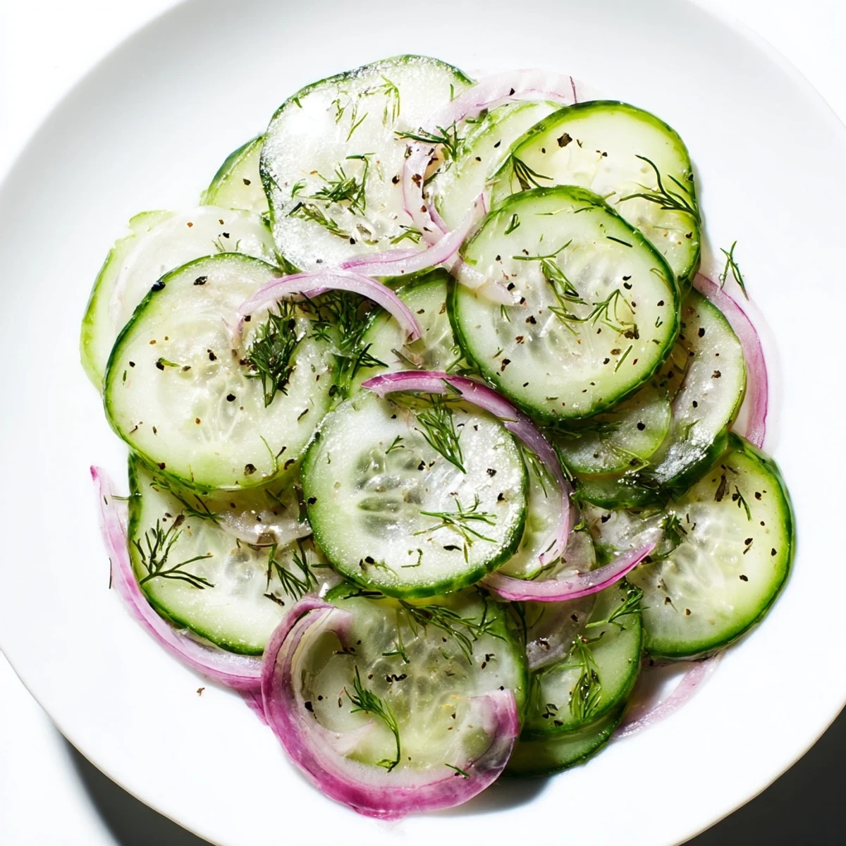 Bowl of Easy Refreshing Cucumber Salad featuring crisp cucumber rounds, red onion slices, and chopped fresh dill