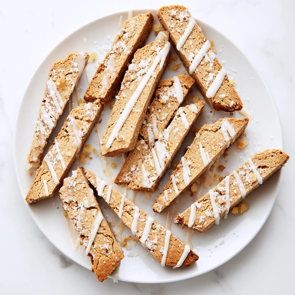 Golden sugar cookie biscotti drizzled with white chocolate on a marble serving board