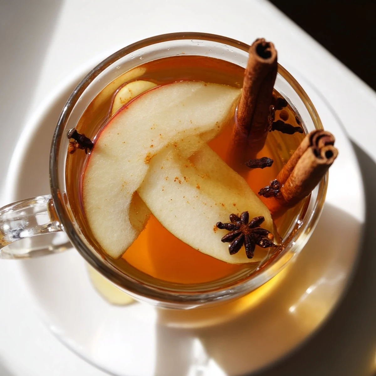 Steaming mug of cinnamon pear cider garnished with fresh pear slices and cinnamon stick