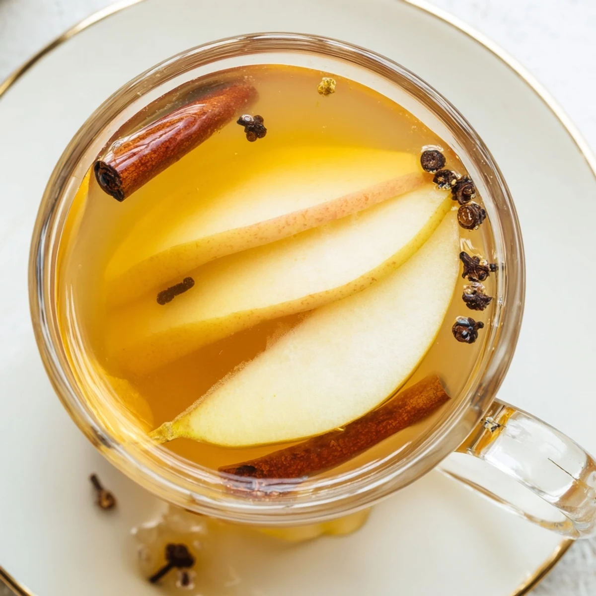 Golden brown pear wedges simmering in spiced apple cider with aromatic cinnamon sticks