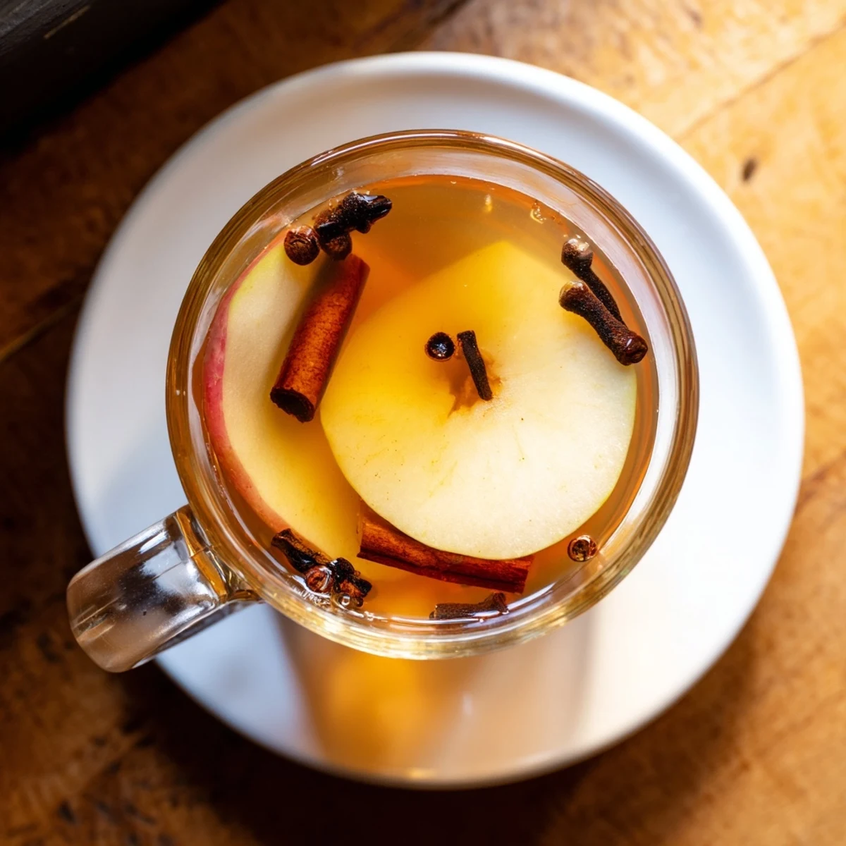 Warm homemade cinnamon pear cider served in clear mug with floating spice bits