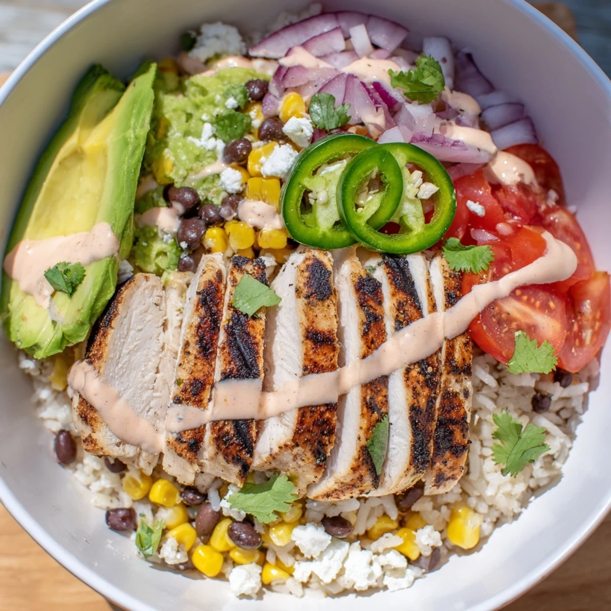 Healthy Baja style chicken bowl loaded with grilled chicken, black beans, tomatoes, and sliced avocado