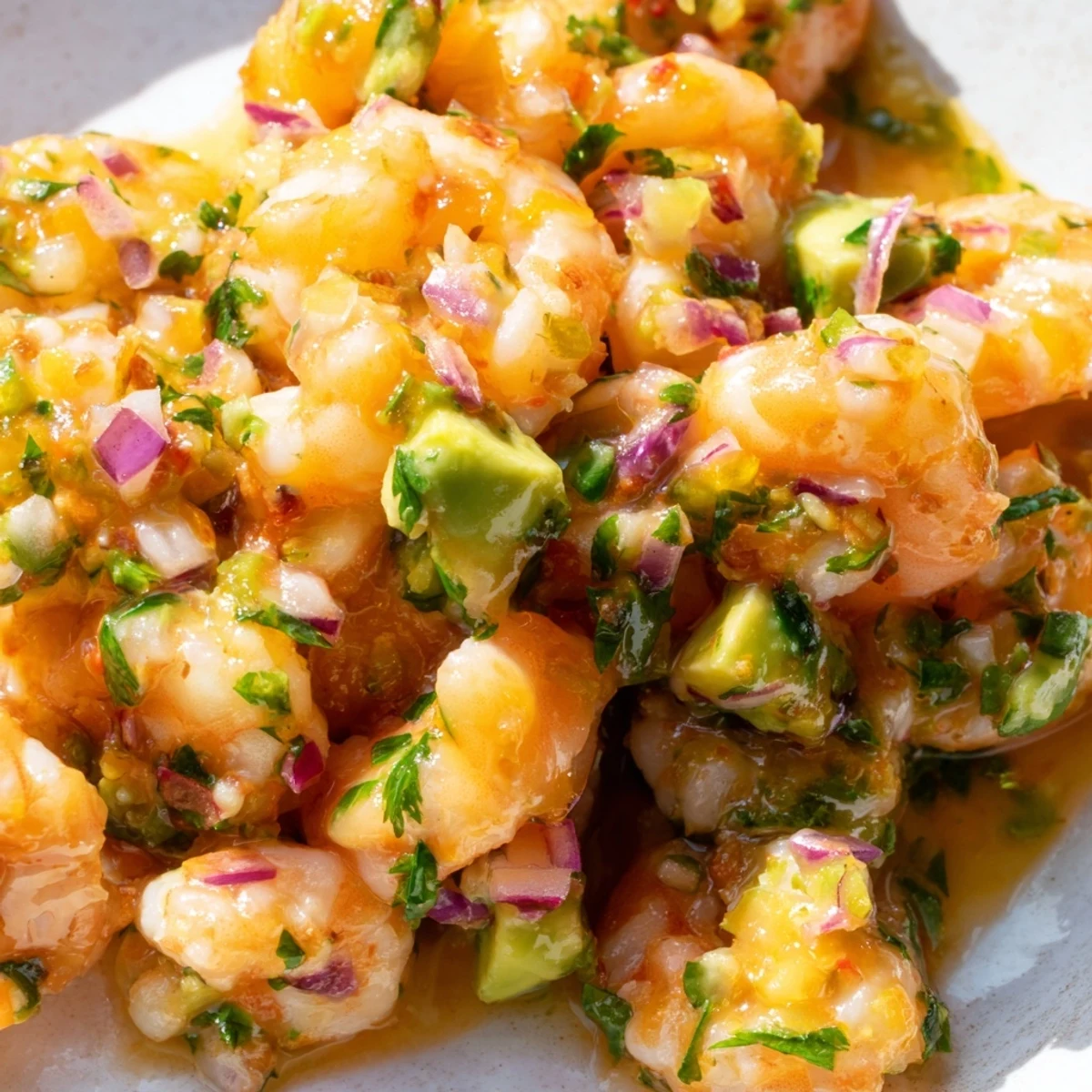 Colorful easy shrimp ceviche appetizer plated with crisp tortilla chips, vibrant vegetables, and zesty citrus garnish