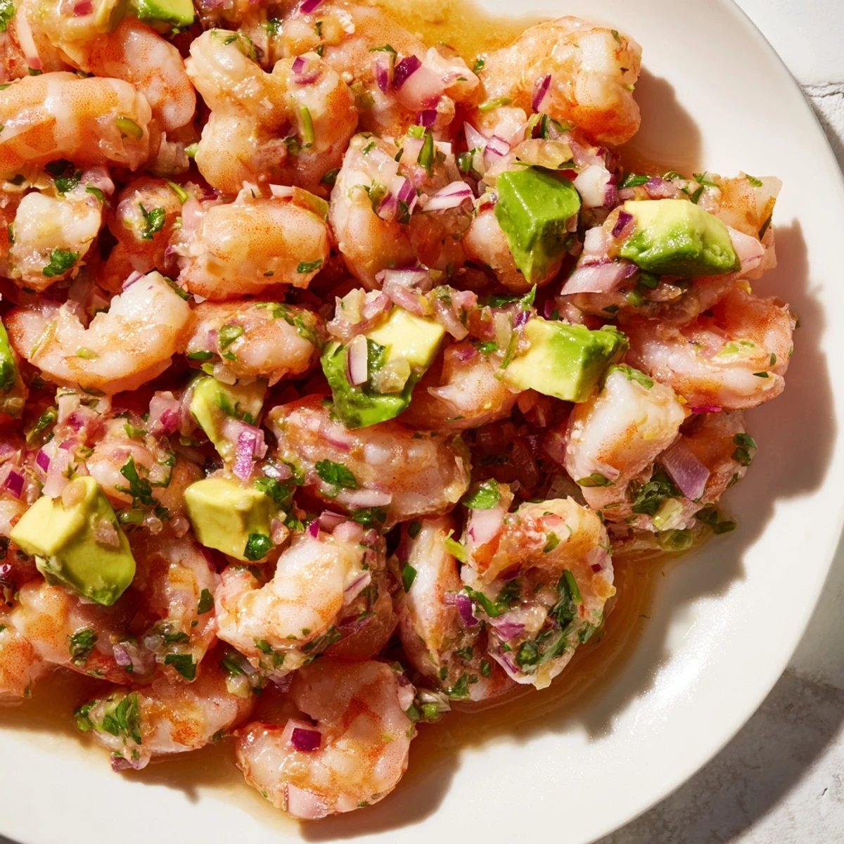 Glowing glass bowl of easy shrimp ceviche showcasing pink shrimp, fresh cilantro, and bright citrus marinade